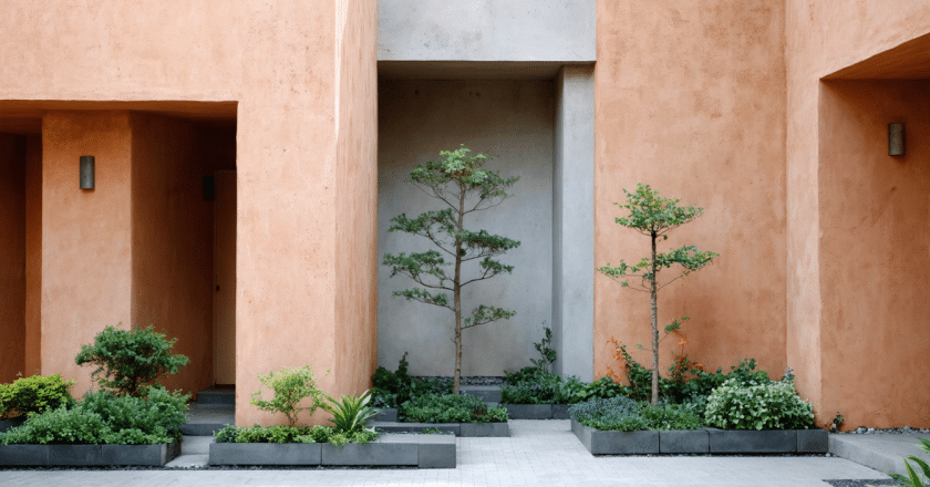 Façades et murets : nuanciers terre cuite et gris doux en extérieur