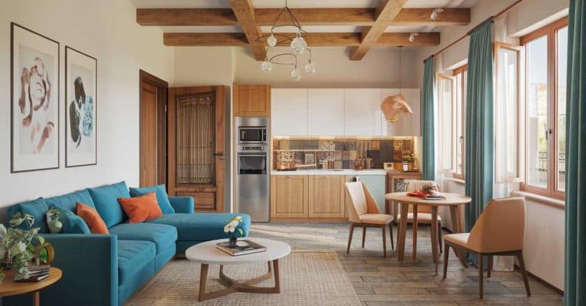 Un espace optimisé : harmonie entre un coin nuit astucieux et une cuisine pratique dans ce charmant 31 m2 coloré