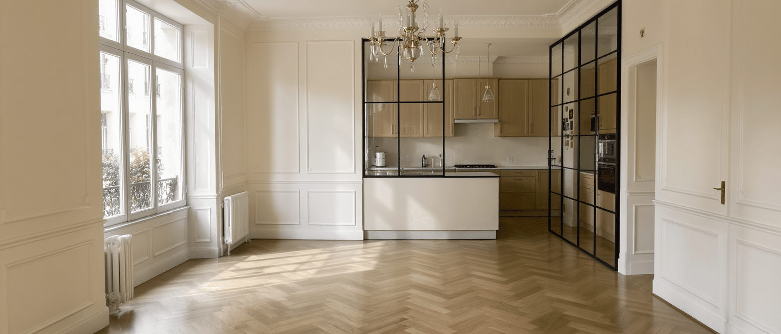 découvrez la transformation d'un appartement haussmannien de 60 m² avec décloisonnement, apportant plus de lumière naturelle et créant un espace convivial et ouvert.