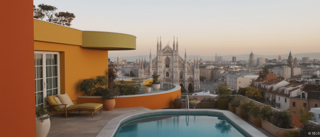d&eacute;couvrez un penthouse esprit seventies &agrave; milan, lumineux et color&eacute;, avec piscine priv&eacute;e et vue spectaculaire sur le duomo, pour une exp&eacute;rience unique au c&oelig;ur de la ville.