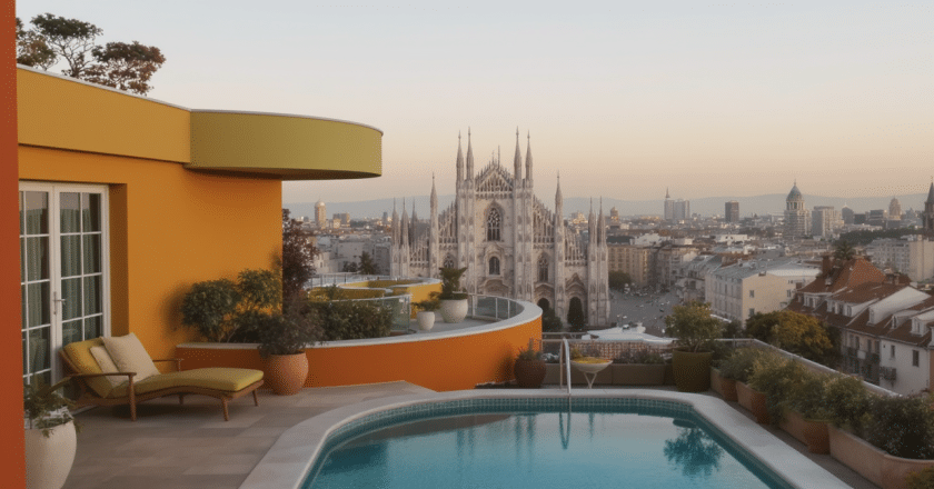 À Milan, un penthouse esprit seventies illumine la ville avec ses couleurs vives, sa piscine et une vue imprenable sur le Duomo