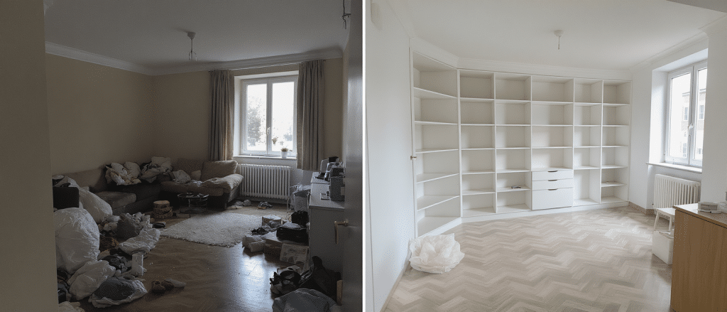 découvrez comment des rangements intégrés ont transformé ce 46 m² en un espace plus spacieux et fonctionnel grâce à notre avant/après inspirant.