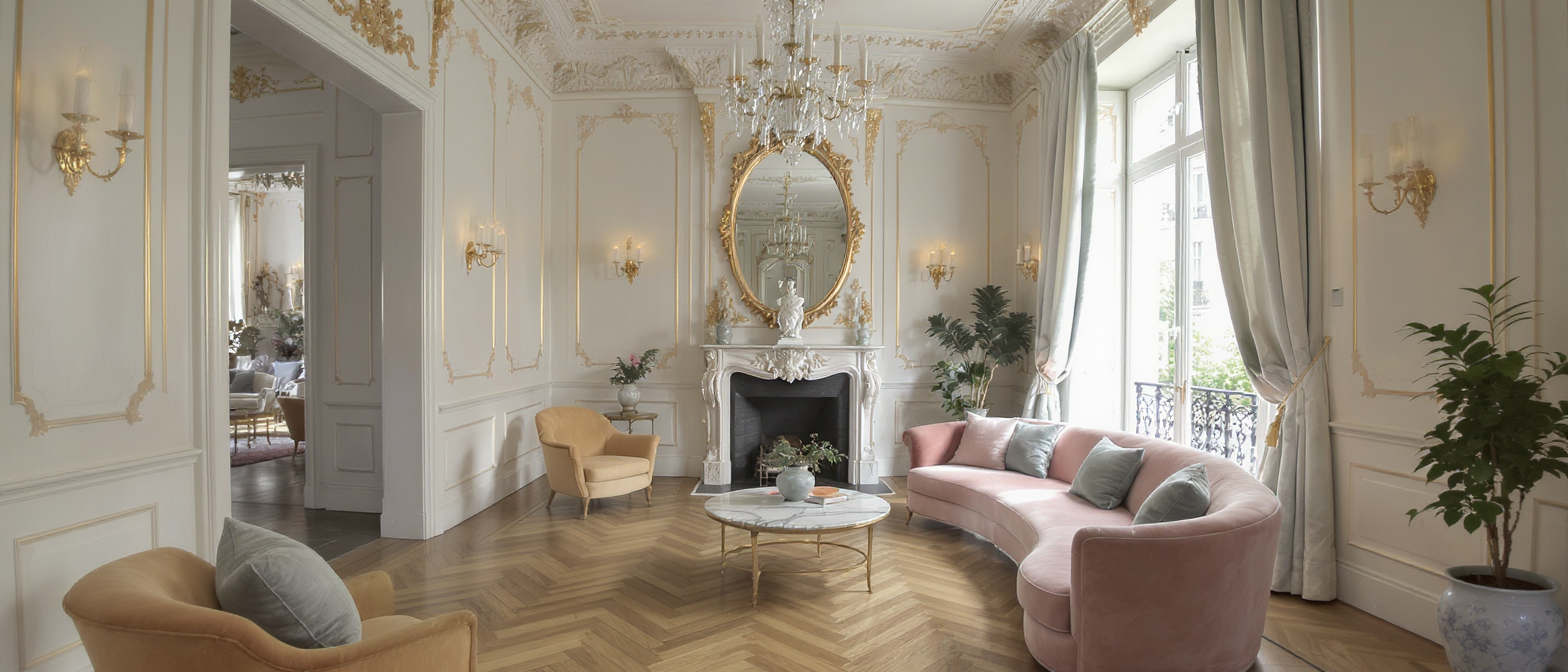 découvrez la transformation élégante d'un appartement haussmannien de 60m², métamorphosé dans un style rococo raffiné alliant charme classique et modernité.