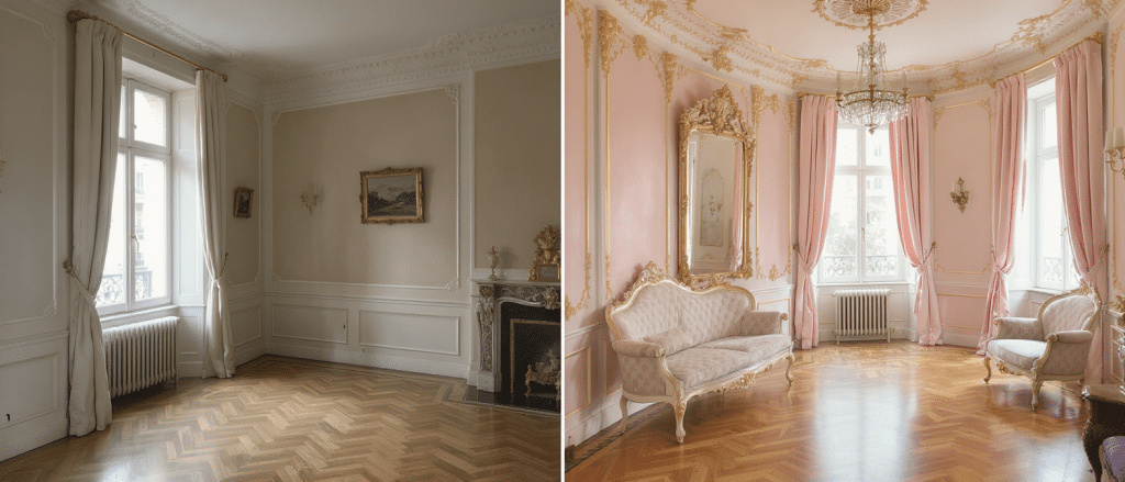 découvrez la transformation élégante d'un appartement haussmannien de 60m², métamorphosé dans un style rococo moderne alliant charme historique et raffinement contemporain.