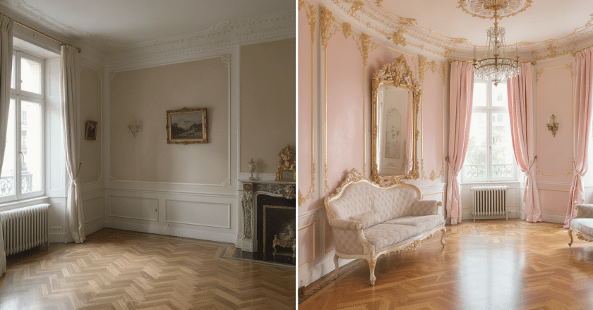 Avant/Après : métamorphose rococo d’un appartement haussmannien de 60m² revisité avec élégance