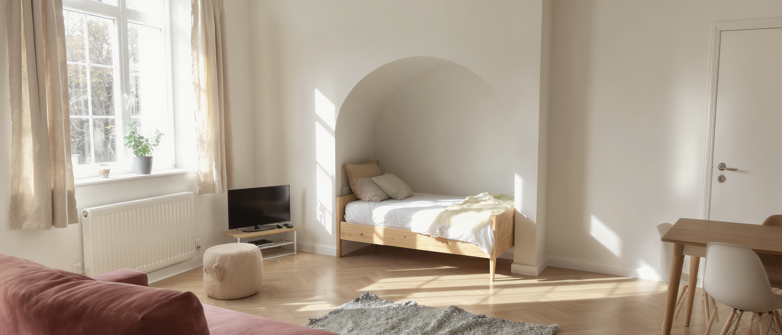 dans cet appartement de 55 m&sup2;, une astuce d&rsquo;am&eacute;nagement cr&eacute;e un coin nuit intime tout en pr&eacute;servant la lumi&egrave;re et l&rsquo;impression d&rsquo;espace.